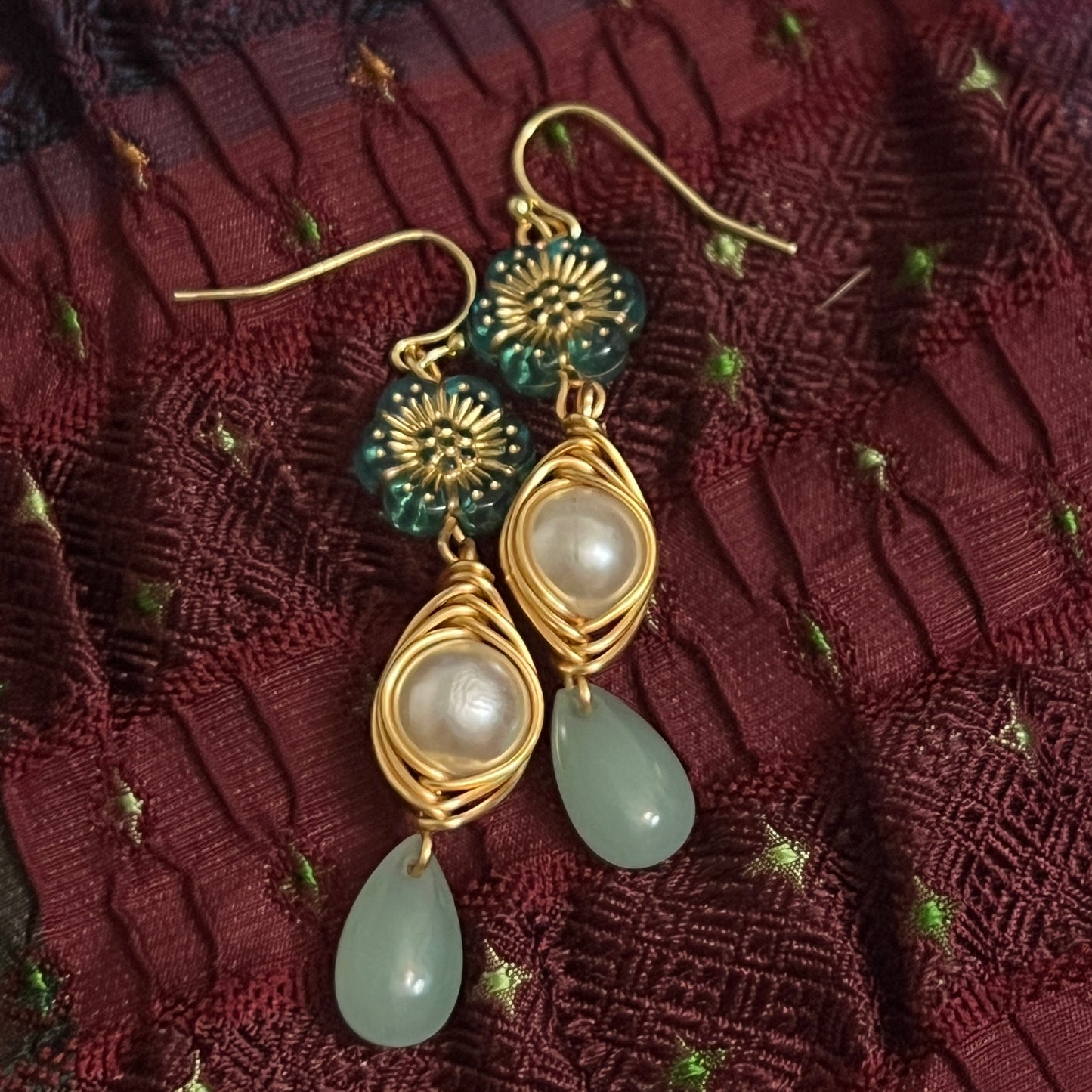 teal blossom drop earrings